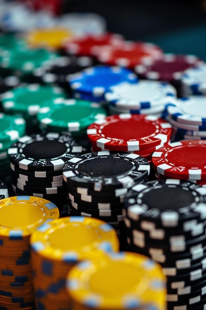 Pilhas de fichas de póquer coloridas em close-up