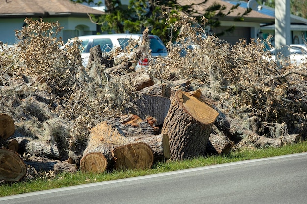 Pilhas de lixo de árvores na beira da estrada para coleta de caminhão de recuperação após furacão em área residencial da Flórida Consequências do desastre natural
