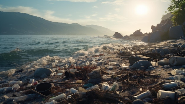 Foto pilhas de lixo poluindo a praia à beira-mar dia da terra