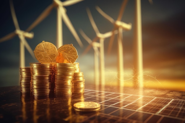 Pilhas de moedas com moinhos de vento solares em fundo Retorno do investimento em energia limpa renovável