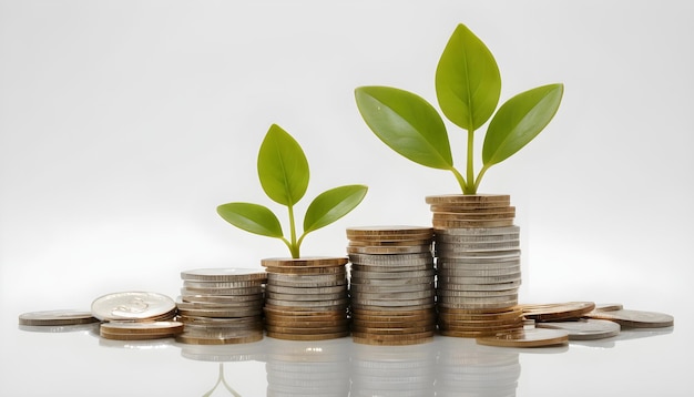 Pilhas de moedas com uma planta verde brotendo do centro