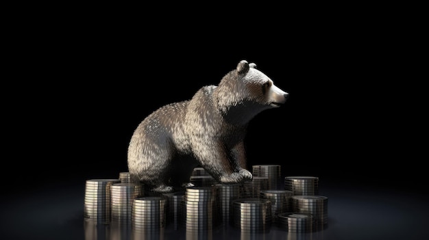 Pilhas de moedas com urso em fundo preto Bolsa de valores Bearish com Generative AI Tech
