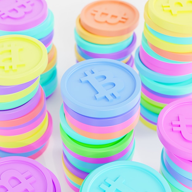 Pilhas de moedas de criptografia Bitcoin, conceito de investimento em comércio eletrônico, renderização em 3D