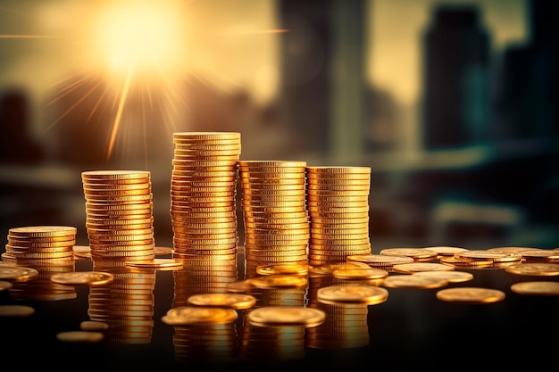 Pilhas de moedas de ouro com arranha-céus ao fundo representando o conceito de finanças e negócios
