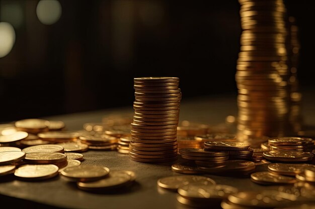 Pilhas de moedas de ouro em fundo preto e conceito de poupança de dinheiro IA geradora