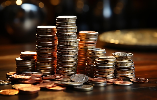 Pilhas de moedas de prata sobre uma mesa para ideia de conceito de negócios e finanças com fundo escuro