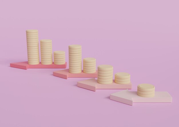 Foto pilhas de moedas em setas subindo passo a passo financeiro no fundo rosa ícone 3d render ilustração