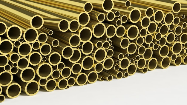 Pilhas de tubos de latão de metal isoladas no fundo branco