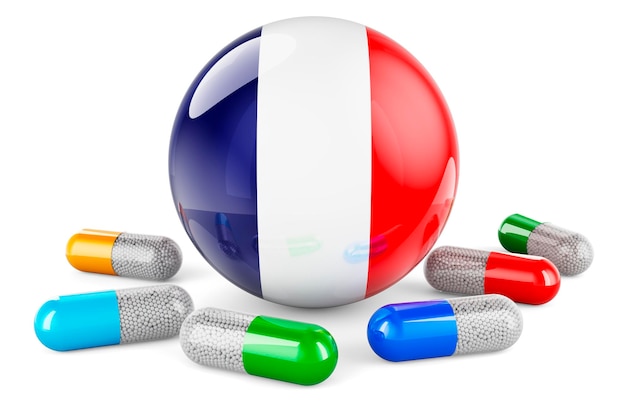 Pillenkapsel mit 3D-Rendering der französischen Flagge auf weißem Hintergrund
