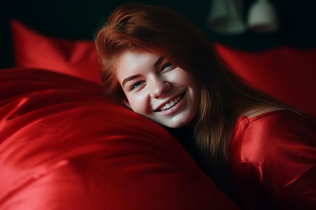 Pillow Talk Um close-up caloroso e convidativo de uma mulher sorridente em uma cama