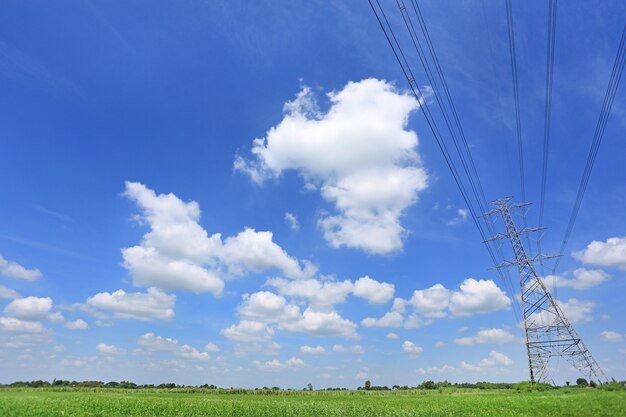 Pilón de la electricidad de líneas eléctricas de alto voltaje en campo verde con las nubes hermosas en el cielo azul. Perspectiva y vista del paisaje.