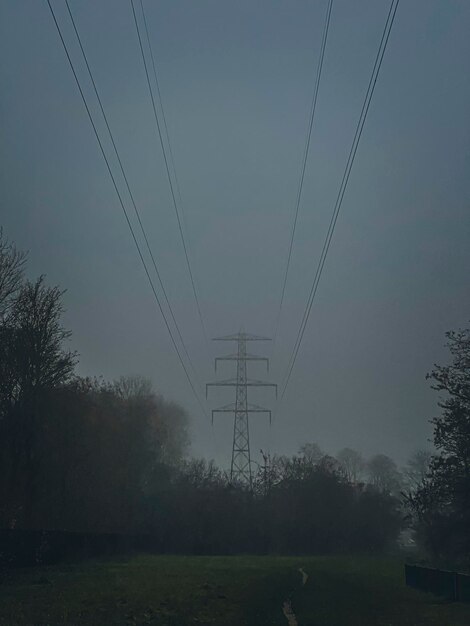 Pilones de electricidad en una mañana de niebla en el campo