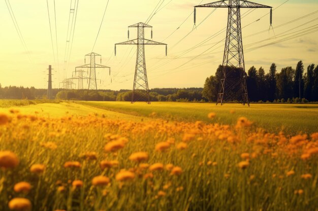 Pilones de torres de transmisión eléctrica que se extienden a lo largo de AI Generated