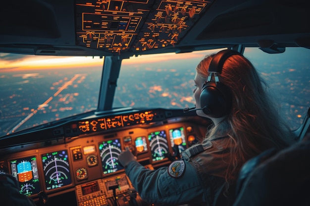 Pilot im Cockpit bei einem Nachtflug