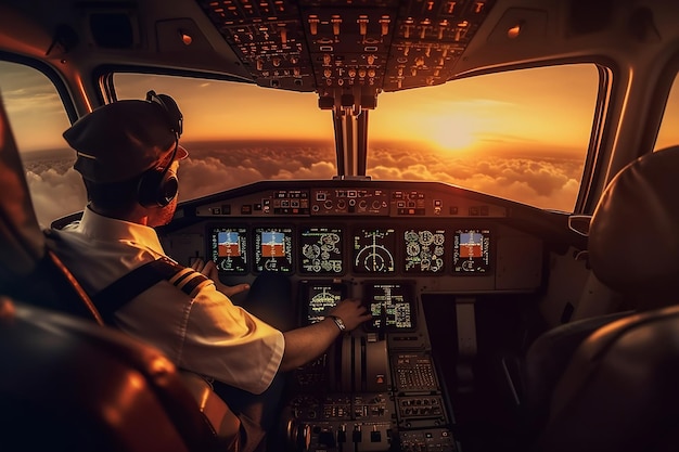 Pilot im Cockpit eines Verkehrsflugzeugs, Rückansicht, KI