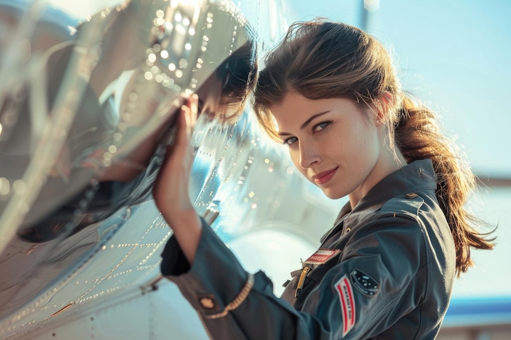 Foto pilota femenina realizando una inspección previa al vuelo fuera del avión