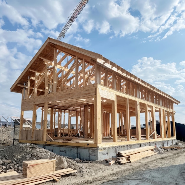 Foto pilota y vigas de estructura de madera en progreso para la fabricación de nuevas casas