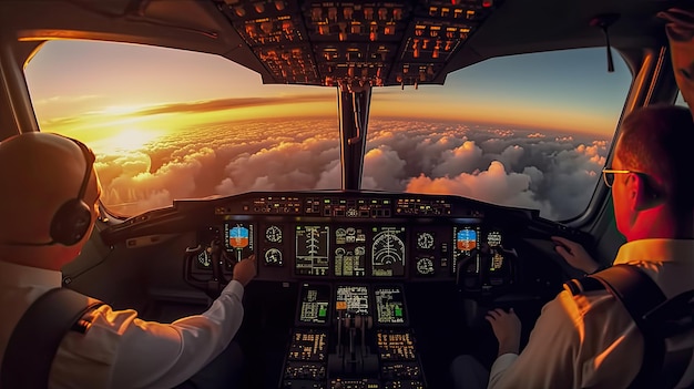 Piloten fliegen das Flugzeug. Blick aus dem Cockpit eines modernen Passagierflugzeugs auf die Wolken hinter dem Flugzeugfenster. Generative KI