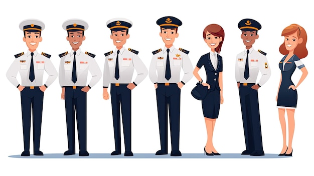Piloten und Stewardess-Charaktere in Uniform Cartoon-Vektorillustration
