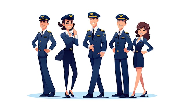 Foto piloten und stewardess-charaktere in uniform cartoon-vektorillustration