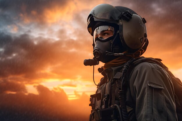 Piloto de avión con casco uniforme y máscara de gas