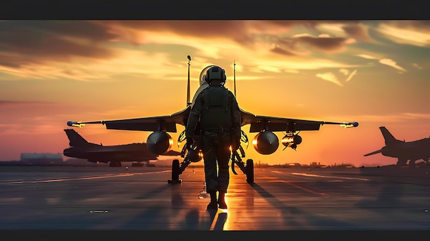 piloto de avión de combate de la fuerza aérea cerca de caminar hacia el atardecer concepto de arma superior