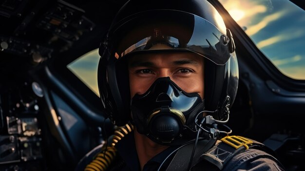 Piloto de avión militar en la cabina al atardecer listo para la misión