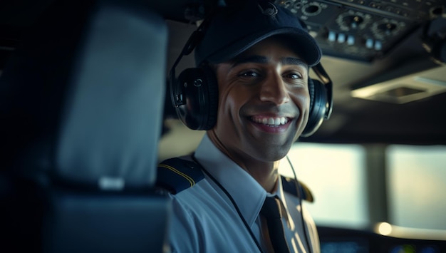 Piloto de avión sonriente listo para el despegue concepto de viaje seguro y seguro