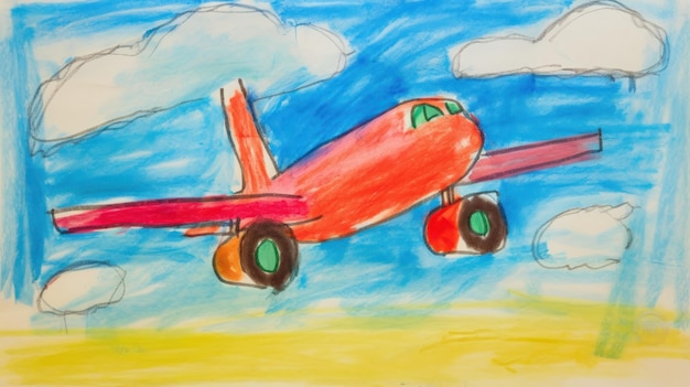 Piloto brincalhão Um desenho infantil em giz de cera de um avião gerado por IA