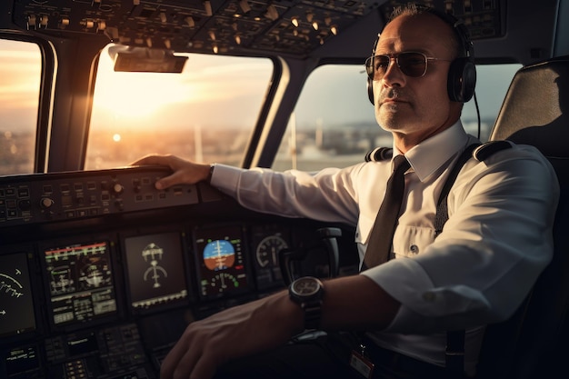 Piloto en la cabina de un avión al atardecer El piloto controla la aeronave Un piloto de avión en el aeropuerto Generado por IA