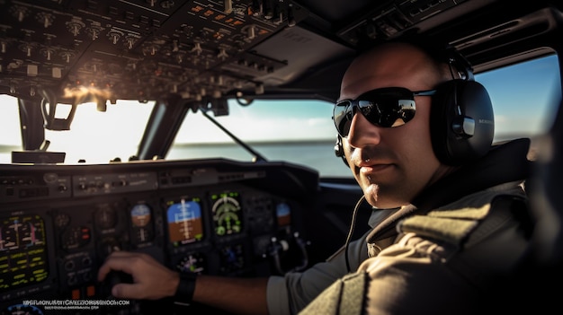 Foto piloto en la cabina de un avión de pasajeros.