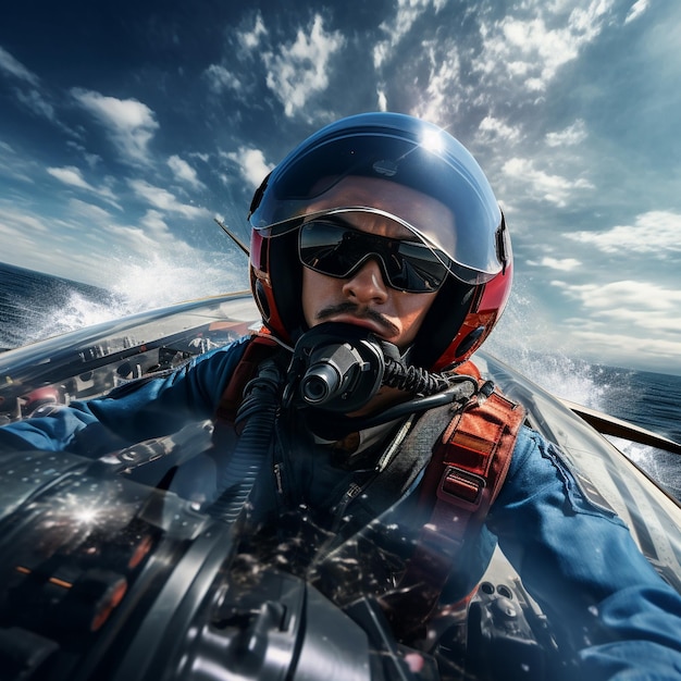 un piloto en una cabina está usando un casco y gafas de protección.