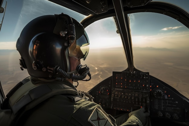 Foto piloto en la cabina de un helicóptero volando sobre las nubes un piloto de combate equipado sentado en un avión generado por ia