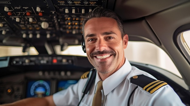 Piloto en cabina sonriendo mientras ve la cámara GENERAR AI