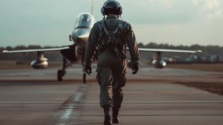 Piloto caminhando em direção a caças ao pôr-do-sol