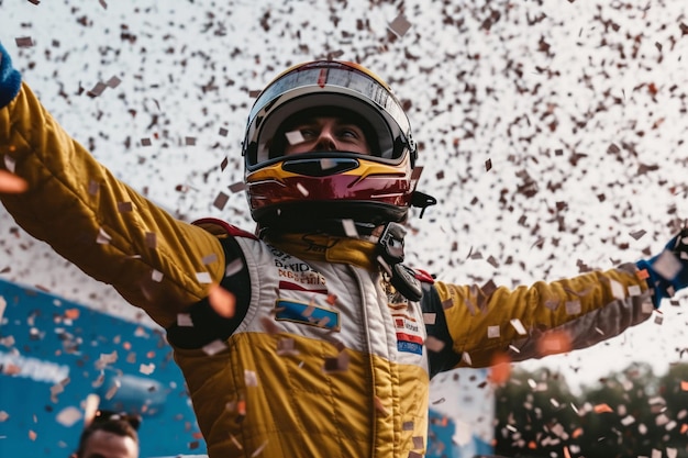 Foto piloto de carreras con los brazos arriba celebrando la victoria generativa ai
