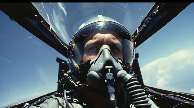 Un piloto con casco y máscara de oxígeno se sienta en la cabina de un avión de combate