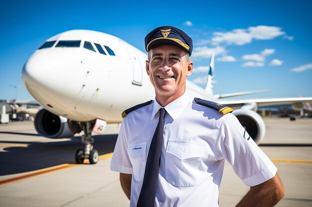 Piloto confiante Piloto homem confiante em uniforme mantendo os braços cruzados e sorrindo com o avião ao fundo