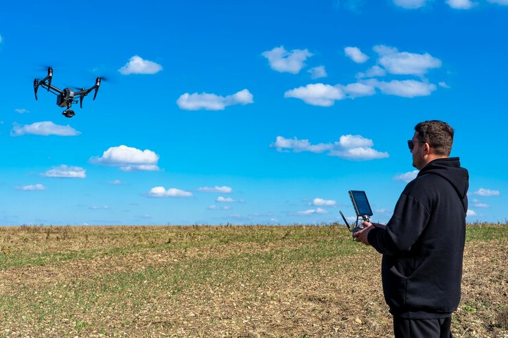 Foto el piloto controla un dron profesional