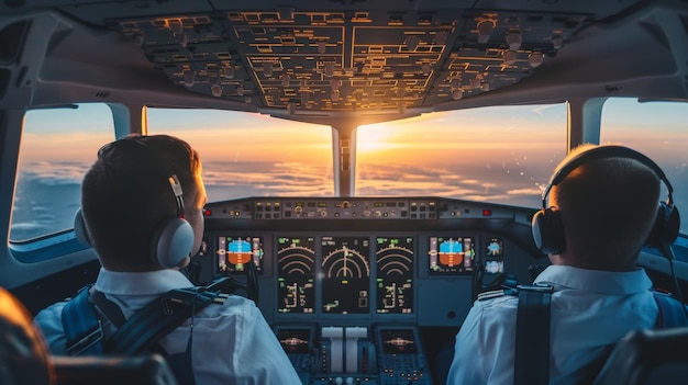 Piloto y copiloto discutiendo rutas de vuelo ecológicas para reducir las emisiones en la cabina del avión