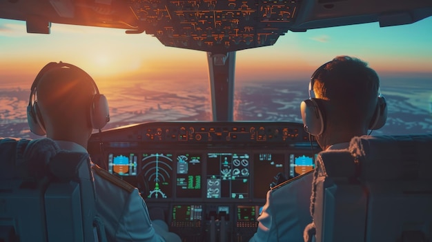 Piloto y copiloto que planifican rutas de vuelo ecológicas en la cabina de la aeronave para la reducción de emisiones