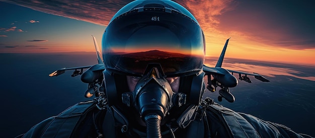 Foto piloto de avião de combate voando ao nascer do sol com câmera no estilo de retrato hiperrealista
