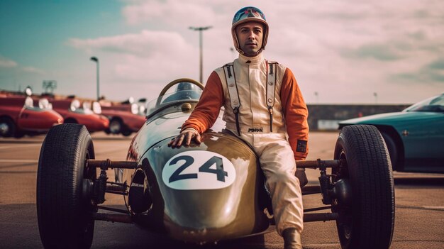 Foto piloto de corrida ou piloto posando para uma foto na frente de seu carro na pista generative ai