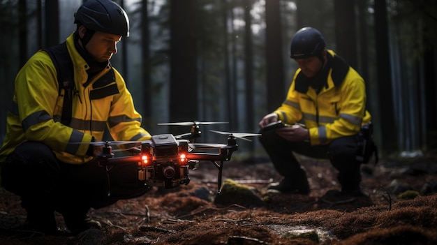 Piloto de drone de resgate no controle de trabalho