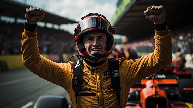 Foto piloto de f1 comemorando a vitória em uma corrida contra o brilhante estádio generative ai