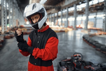 Uma criança em um carro de corrida usando capacete e luvas está