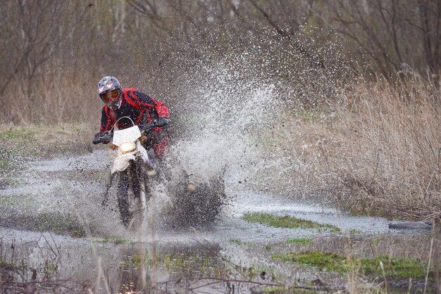 Piloto de motocross correndo em floresta inundada na primavera