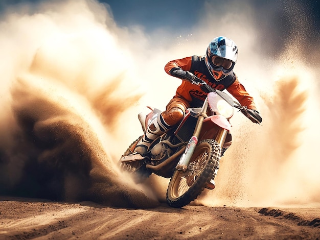 Foto piloto de motocross correndo em uma grande nuvem de poeira e detritos generative ai