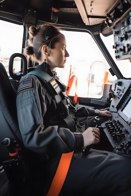 Piloto de mulher no cockpit de um helicóptero gerado ai