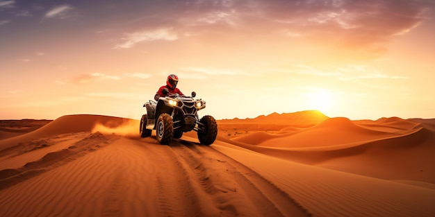 Piloto de quadriciclo no deserto na orientação de tela larga do pôr do sol